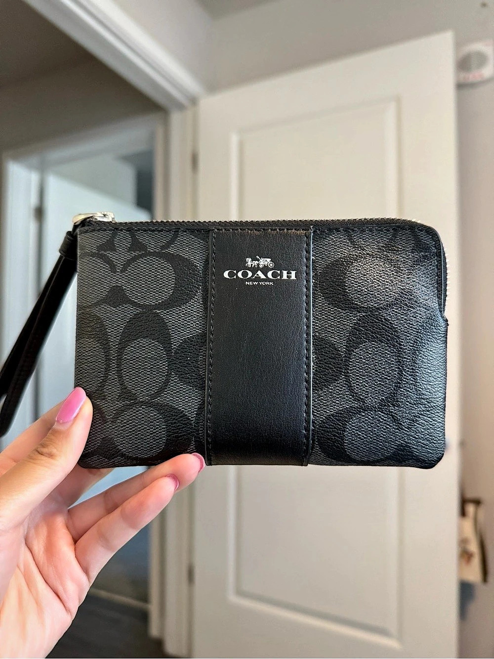 COACH Corner Zip Wristlet In Signature Canvas Black & Gray